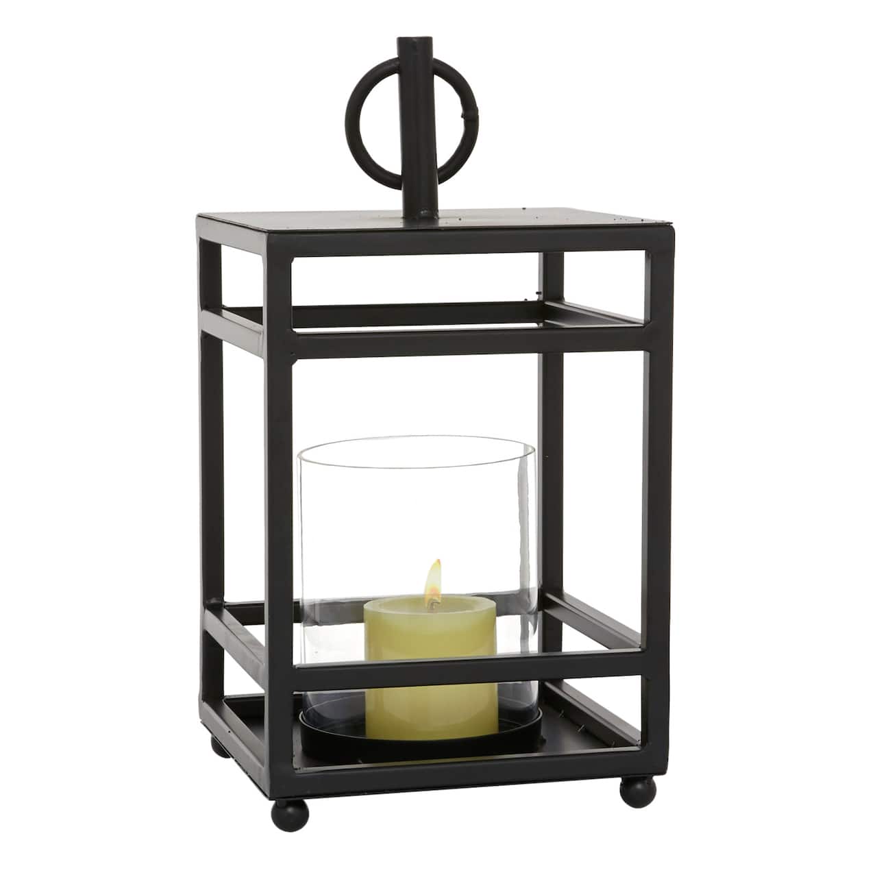 Black Iron Contemporary Candle Holder Lantern, 16" x 8" x 8"